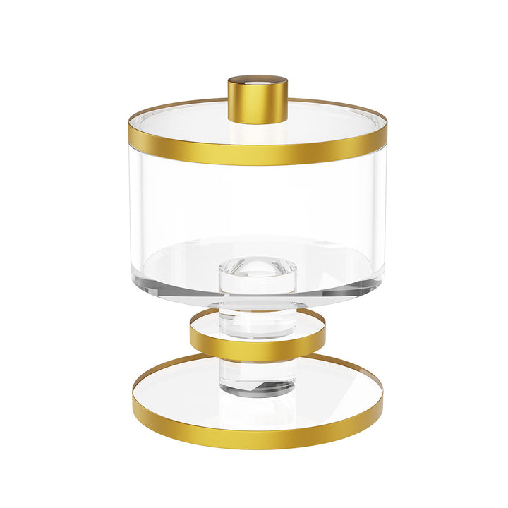 Round clear salt dish with gold-trimmed lid and knob on a stemmed gold-ringed base