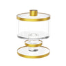Round clear salt dish with gold-trimmed lid and knob on a stemmed gold-ringed base