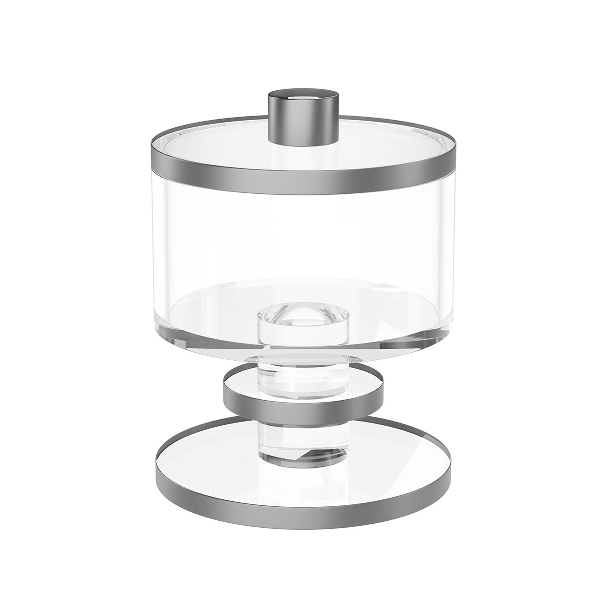 Silver version of the round salt dish with silver-trimmed lid, knob and base
