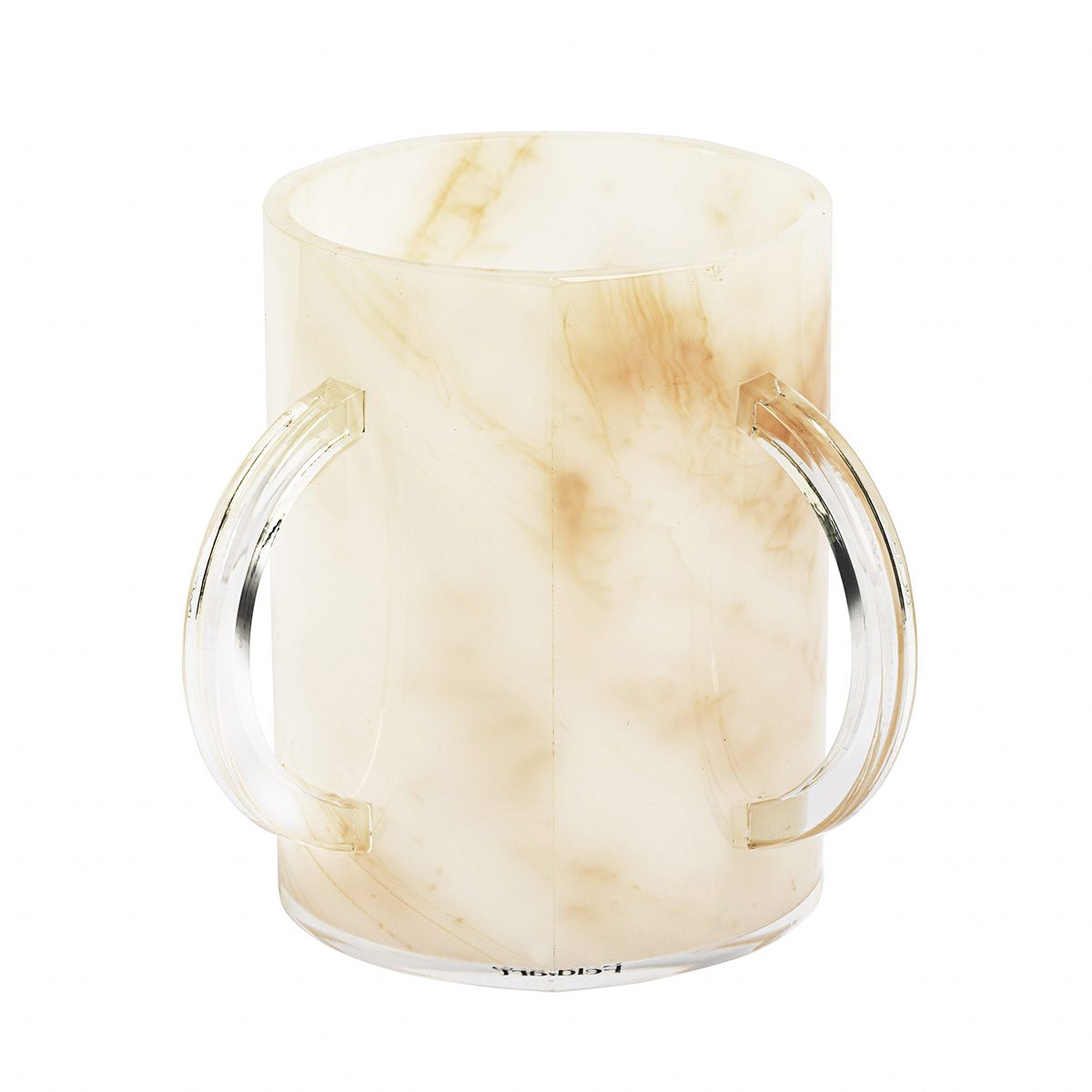 Gold Marble round washing cup with cream and tan veining and clear handles