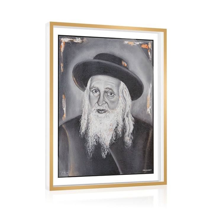 Framed portrait of the Satmar Rebbe Reb Yoel Teitelbaum with long white beard and black hat