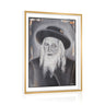 Framed portrait of the Satmar Rebbe Reb Yoel Teitelbaum with long white beard and black hat