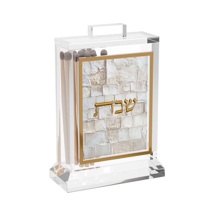 Serene Kosel matchbox holder with Kosel stone panel, gold Shabbos lettering and matches inside