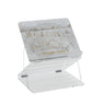 Serene Kosel foldable shtender, Western Wall print with gold Hebrew lettering on a clear lucite frame