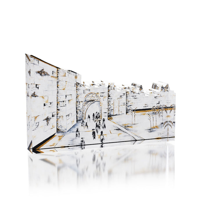 Shaar Yafo acrylic block, sketched Old City gate and walls with people walking through