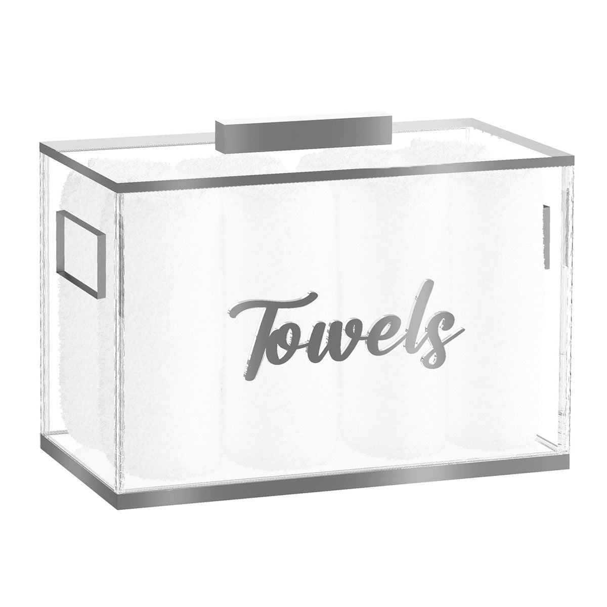 Silver-edged version of the towel box with silver Towels lettering and lid handle