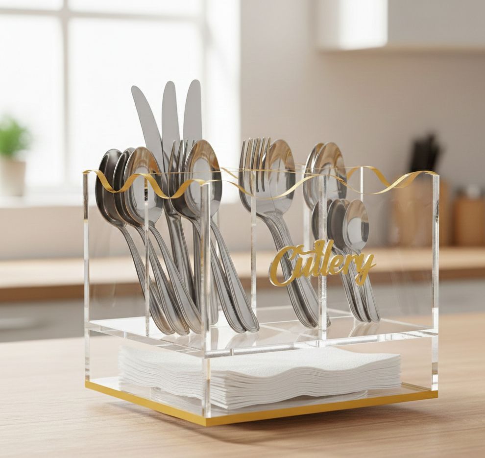 Gold cutlery holder filled with spoons, forks and knives, napkins stacked in the base, on a counter