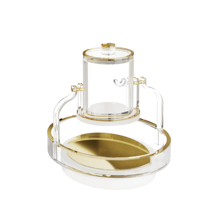 Swinging Mayim Achronim in gold, clear jug hung between two arms over a mirrored gold base