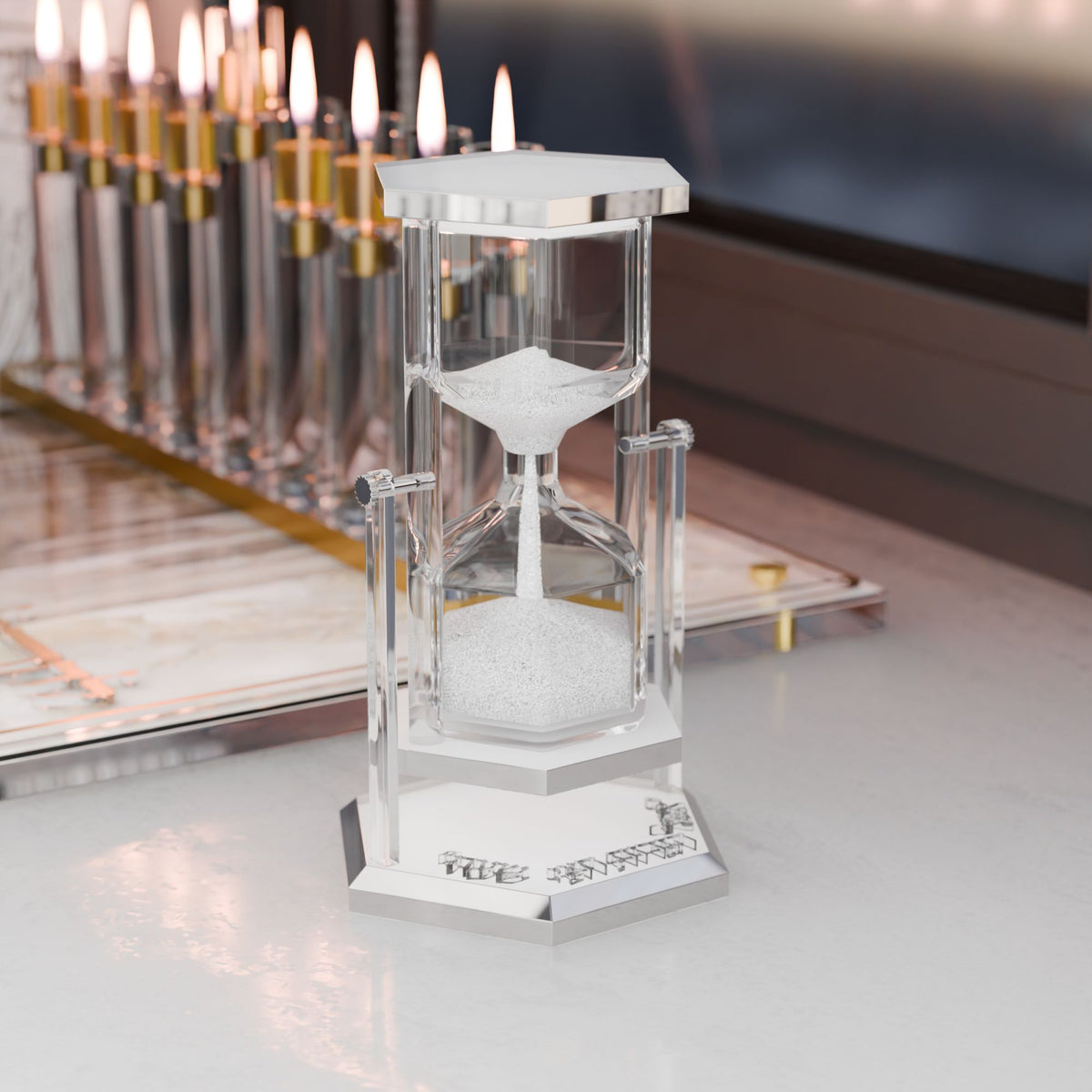 Silver hexagonal timer beside burning Chanukah licht on a menorah tray