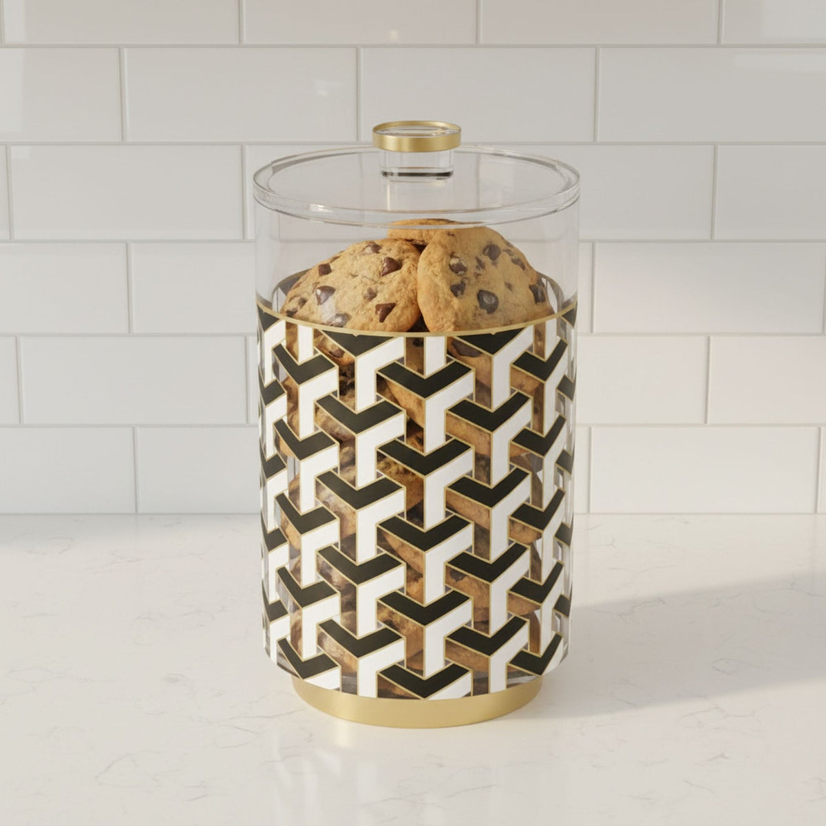 Cookie jar filled with chocolate chip cookies against a white subway-tile backsplash