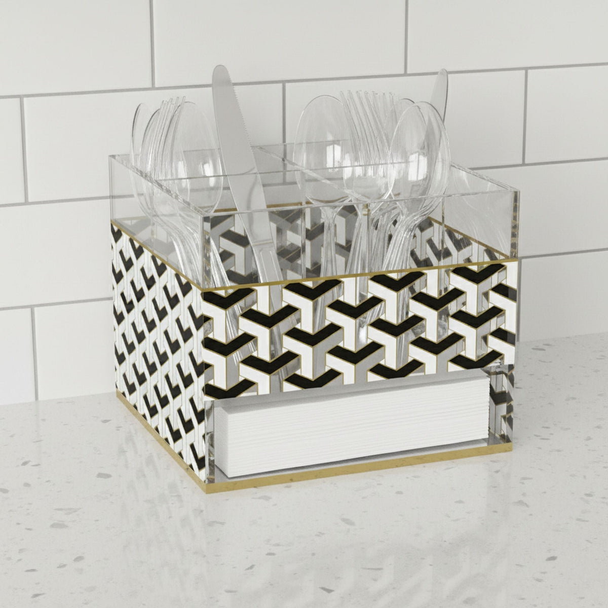 Cutlery holder filled with clear plastic cutlery, napkins in the base, on a kitchen counter