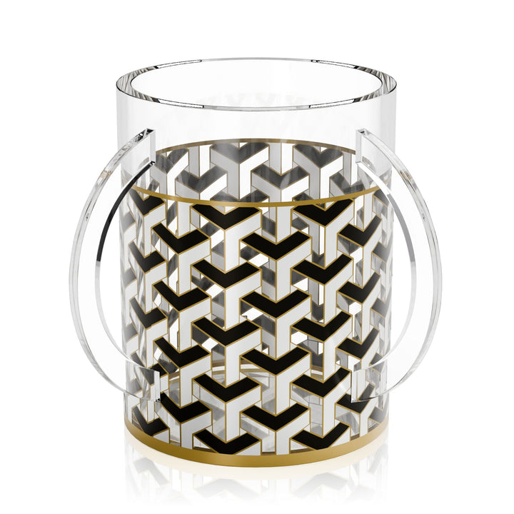 Urban Deco washing cup, clear two-handled cup with geometric black and white wrap and gold rim