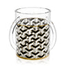 Urban Deco washing cup, clear two-handled cup with geometric black and white wrap and gold rim