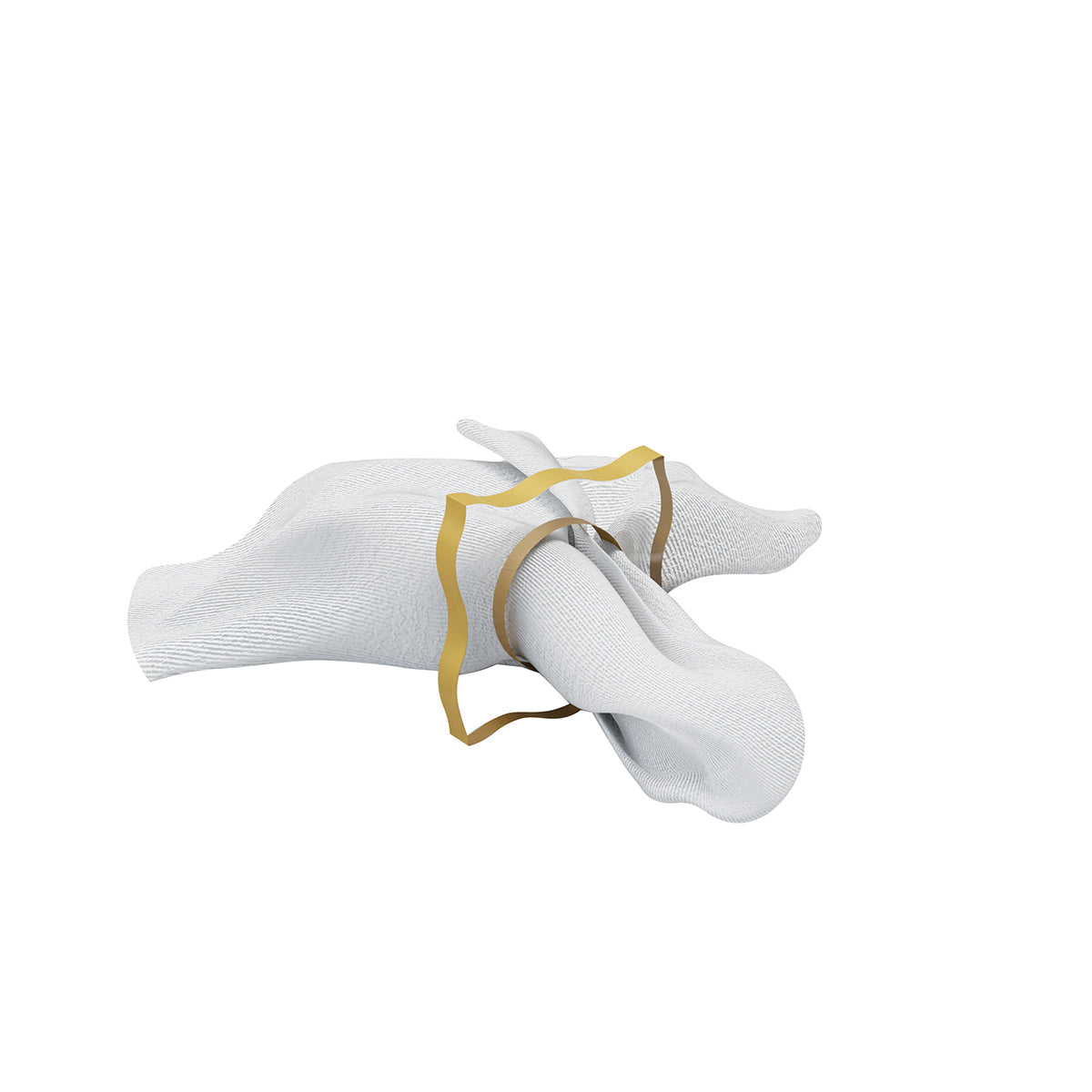 Gold Wave napkin ring wrapped around a folded white napkin