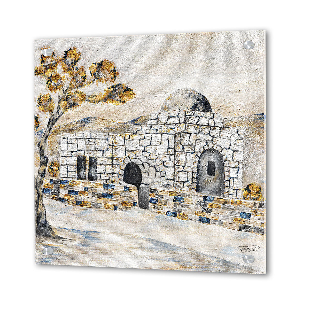 Angled view of the Kever Rochel lucite panel showing the artist signature and standoffs