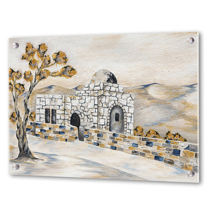 Whispers of the Dome lucite wall art: Kever Rochel beside a gnarled tree, chrome standoffs at corners