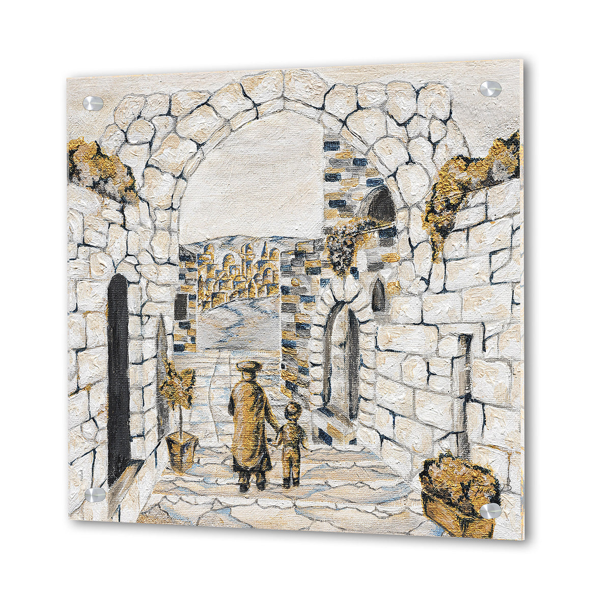 Angled view of the Yerushalayim passageway lucite panel with chrome standoffs visible