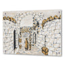 Walking in Yerushalayim painting: father and son under a stone arch in an Old City alley, ash grey and gold