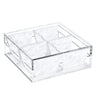 Square compartment dish with four white pearl dishes in a clear acrylic base under a flat lid