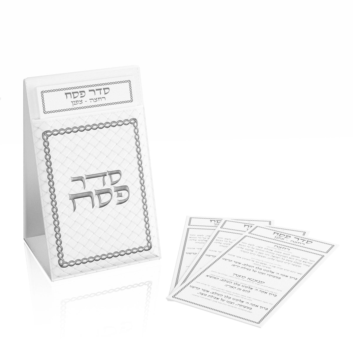 Silver version of the woven leather card pouch with its four double-sided Seder cards