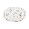 Round Woven Leather seder plate with six gold-lettered compartments and gold chain border