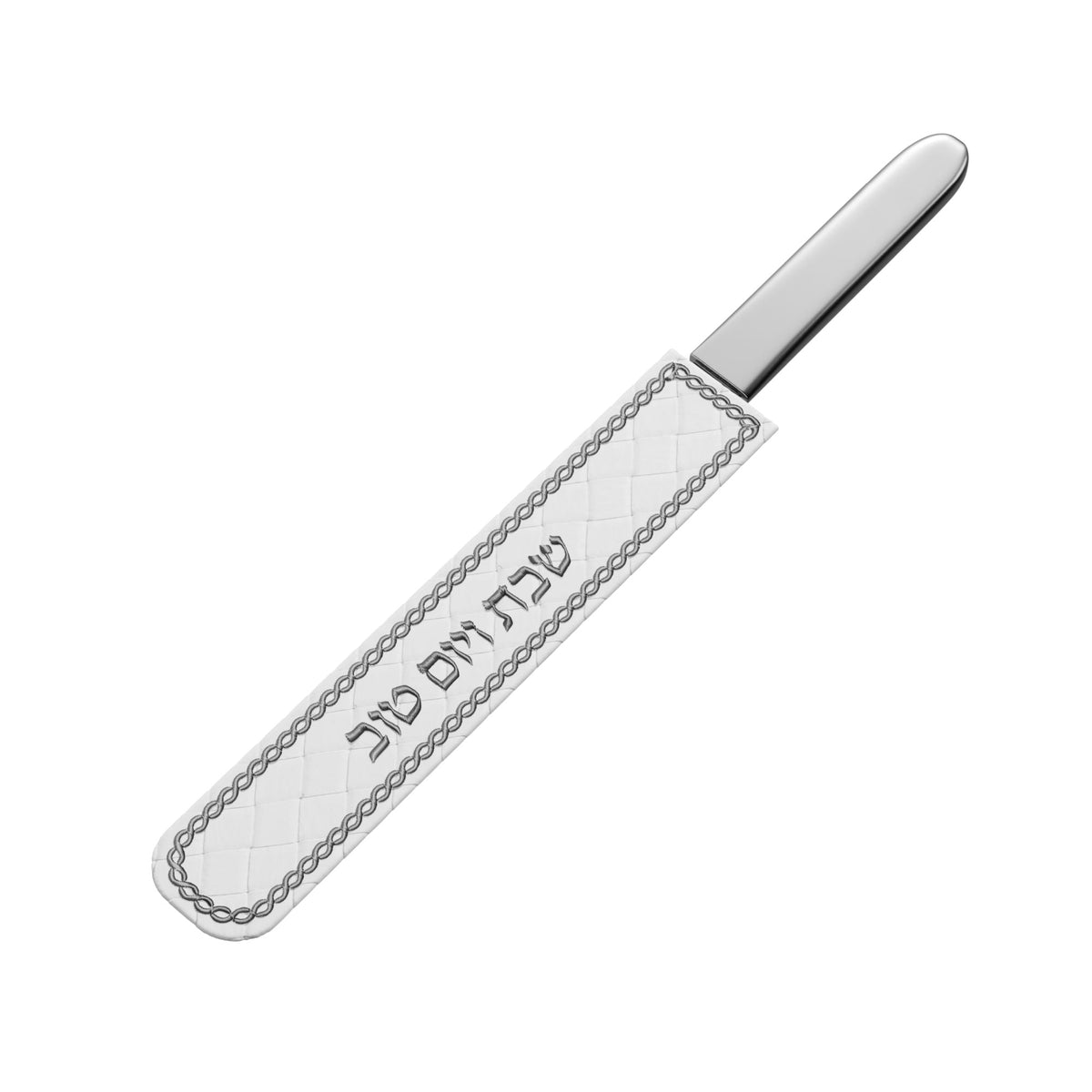 Silver-embroidered knife cover sheathing a challah knife, angled view