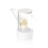 Woven Leatherite oil jug with gold Pach Shemen oval, clear lucite body and woven base