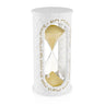 Woven Leatherite sand timer with gold sand and gold Hebrew lettering around the quilted case