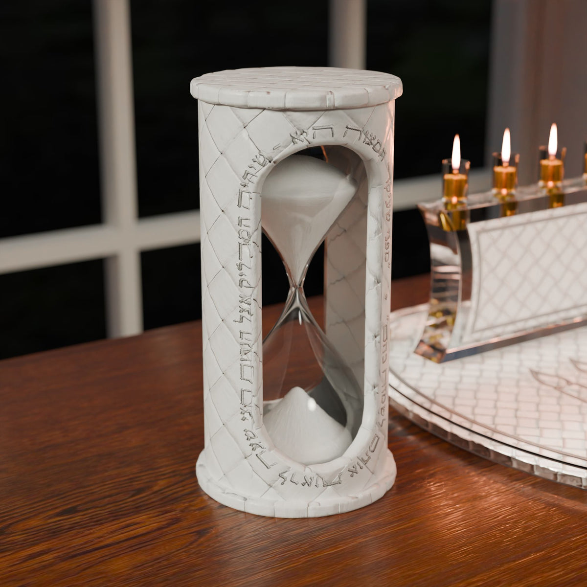 Silver sand timer running next to a lit Woven Leatherite menorah by a window at night