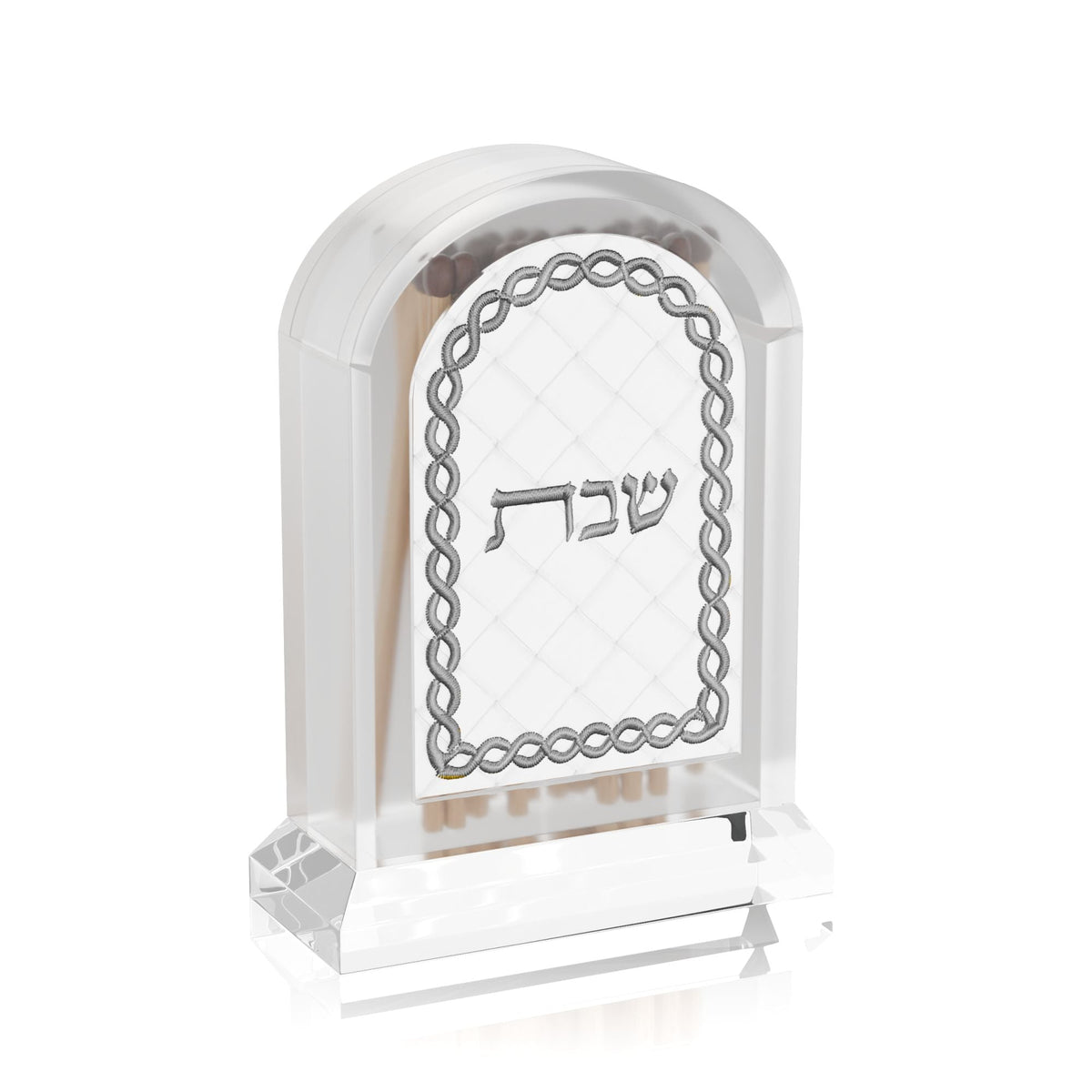 Silver version of the match holder with silver braided border, matches visible inside