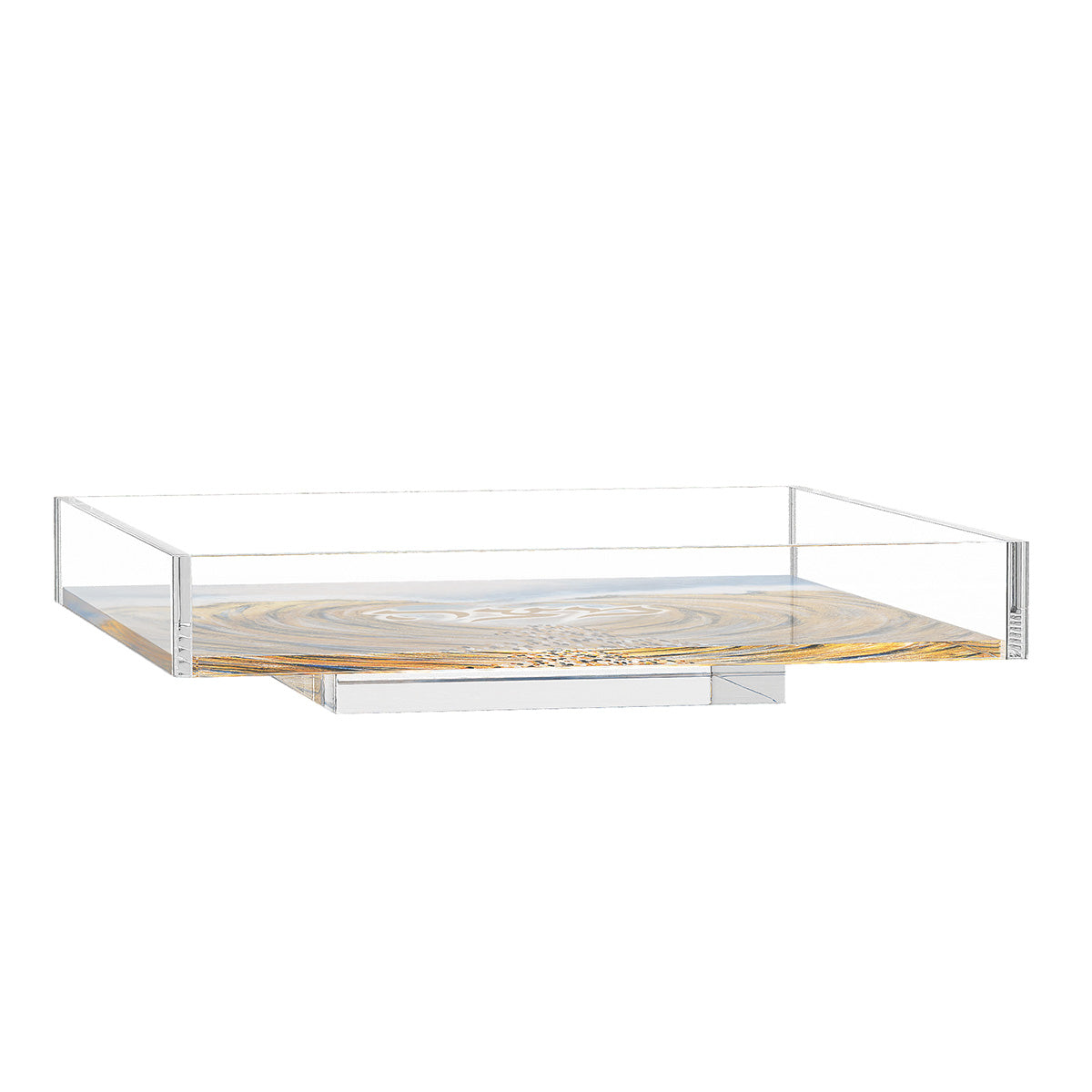 Side view of the square matzah plate showing its clear raised walls and base