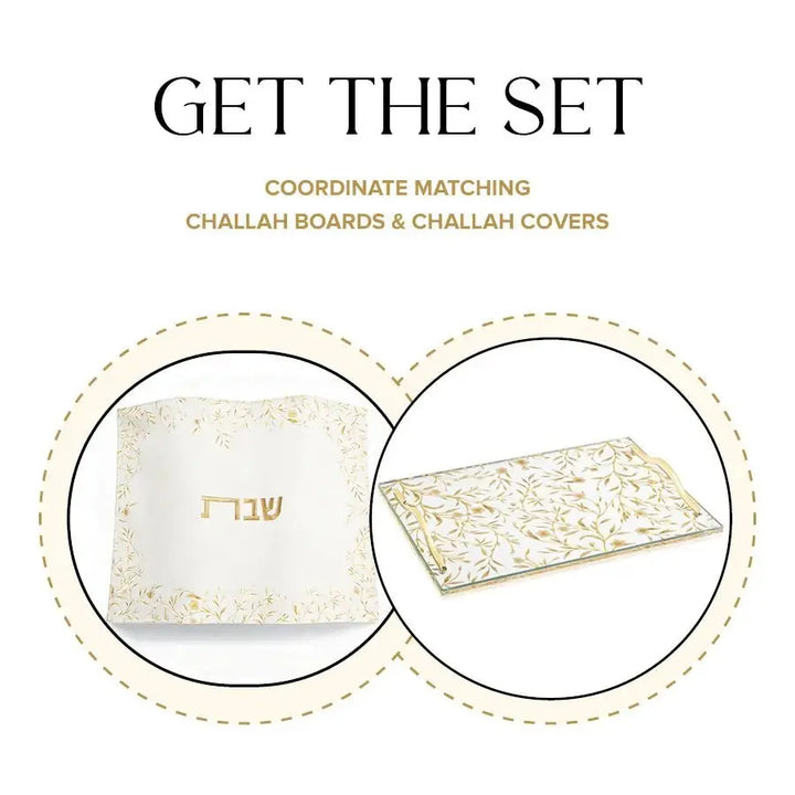 Get the Set graphic showing the matching floral bird challah cover and lucite challah board