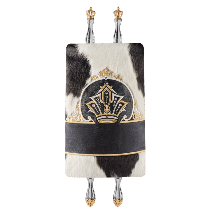Black and white fur and leather Torah mantle with embroidered crown — on Torah scroll