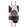 Black and white fur and leather Torah mantle with embroidered crown — on Torah scroll