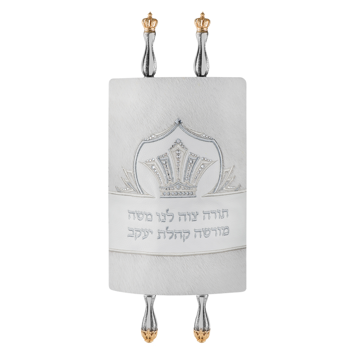 White Torah mantle with silver-tone crown embroidery — on Torah scroll