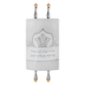 White Torah mantle with silver-tone crown embroidery — on Torah scroll
