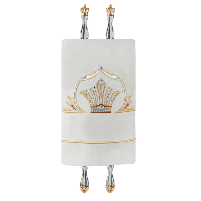 Fur an Leather Torah Mantle - Style #435 - White and Gold