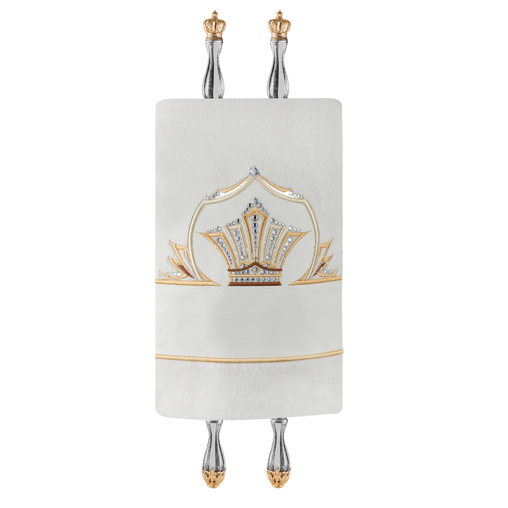 Fur an Leather Torah Mantle - Style #435 - White and Gold