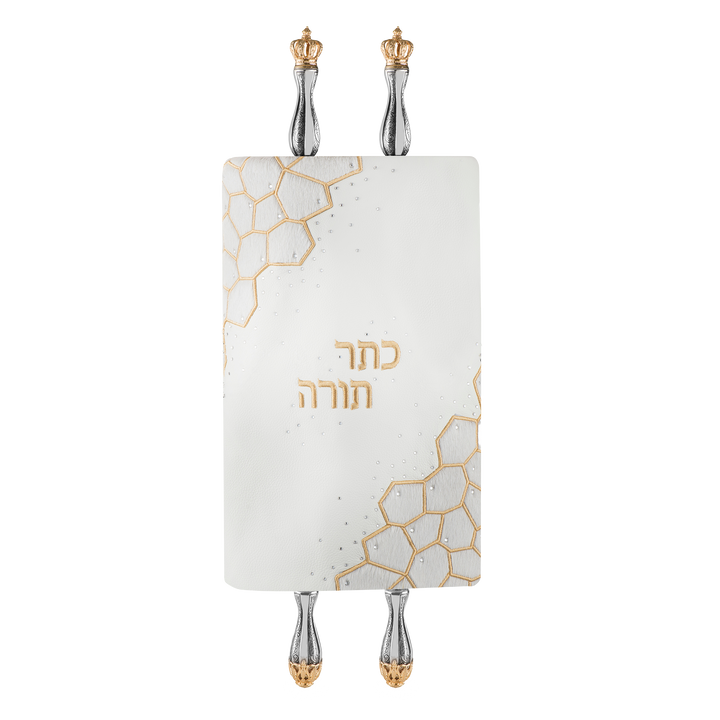 Fur an Leather Torah Mantle - Style #440 - White and Gold