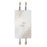 White Torah mantle with gold-tone Hebrew embroidery and geometric accents — on Torah scroll