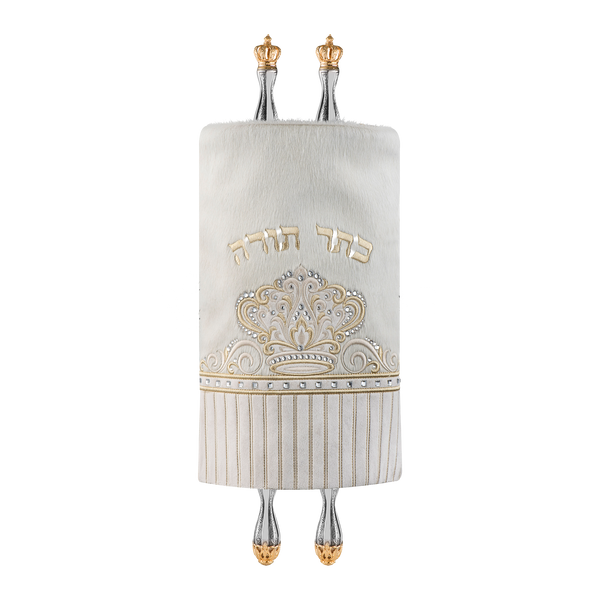 Fur and Velvet Torah Mantle, style 378, White and Gold — front view with Torah rollers