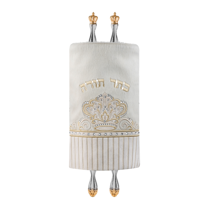 Fur and Velvet Torah Mantle, style 378, White and Gold — front view with Torah rollers