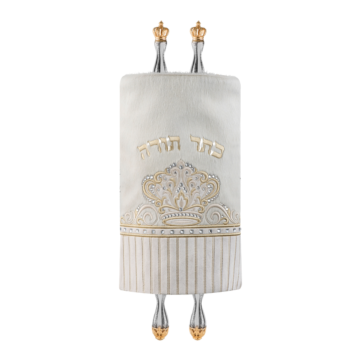 Fur and Velvet Torah Mantle - Style #378 - White and Gold