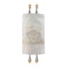 Fur and Velvet Torah Mantle, style 378, White and Gold — front view with Torah rollers