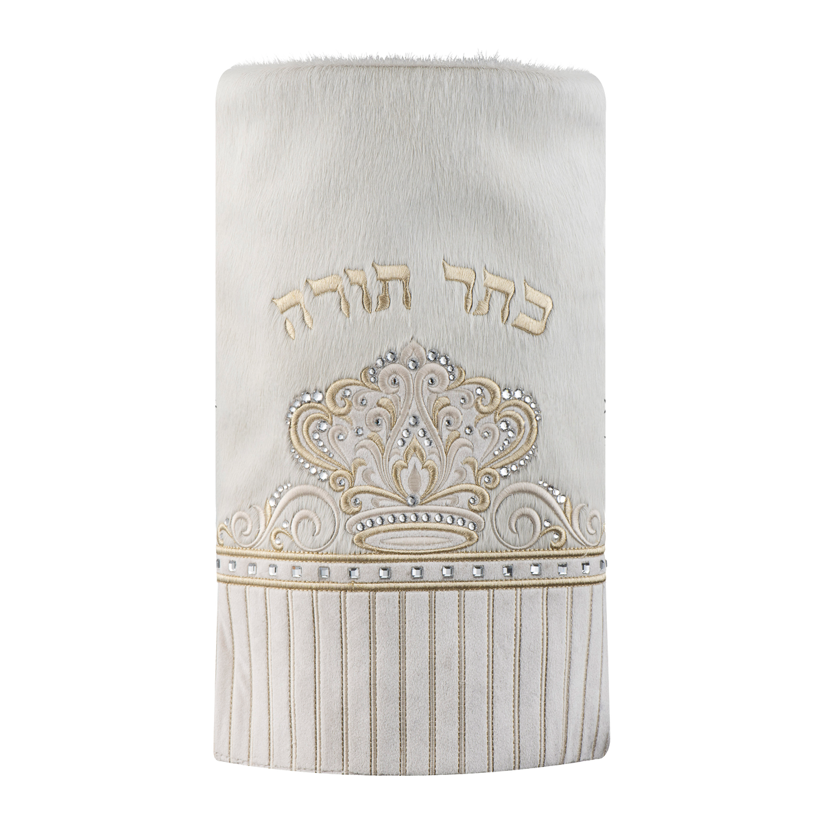 Fur and Velvet Torah Mantle, style 378, White and Gold — front view
