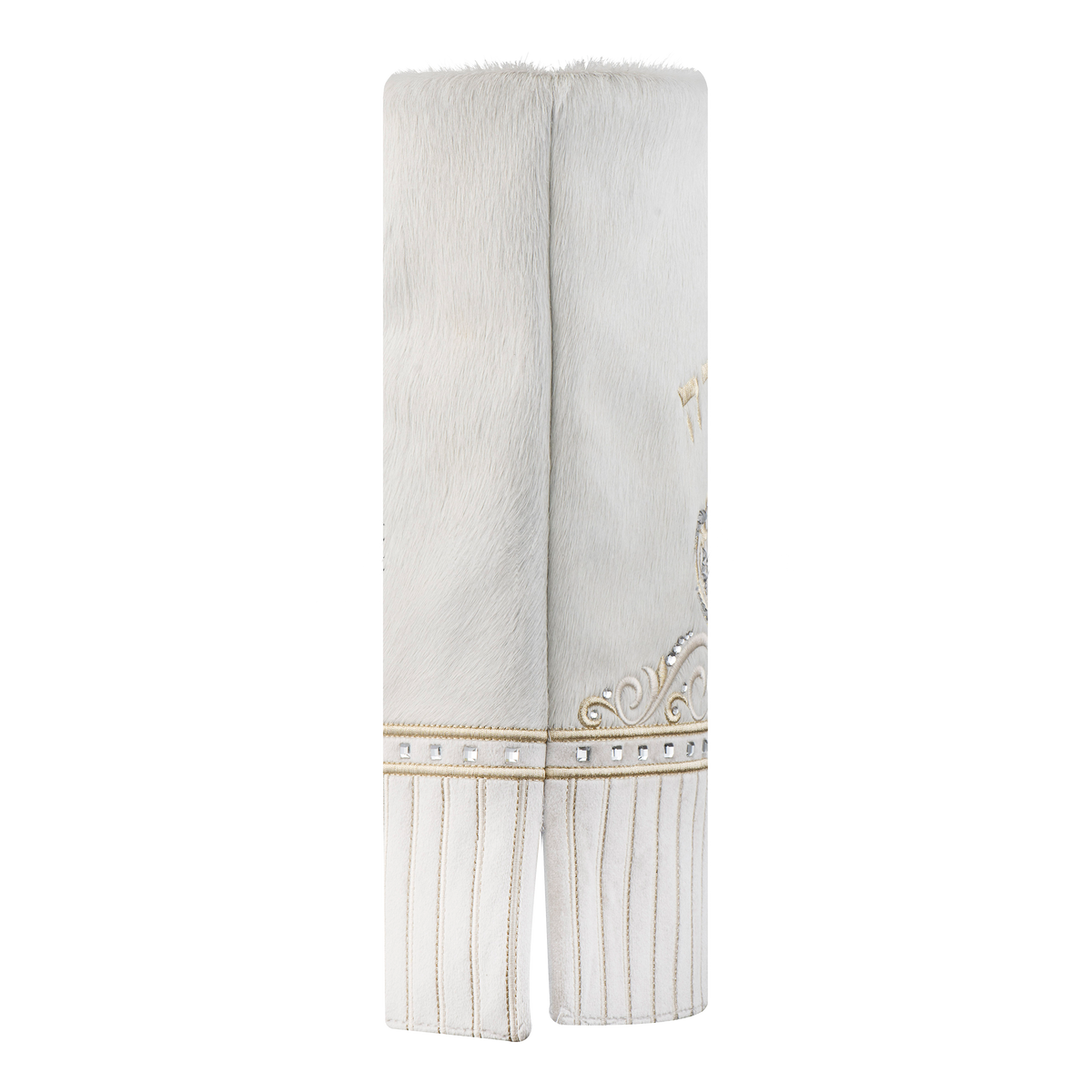 Fur and Velvet Torah Mantle, style 378, White and Gold — side view