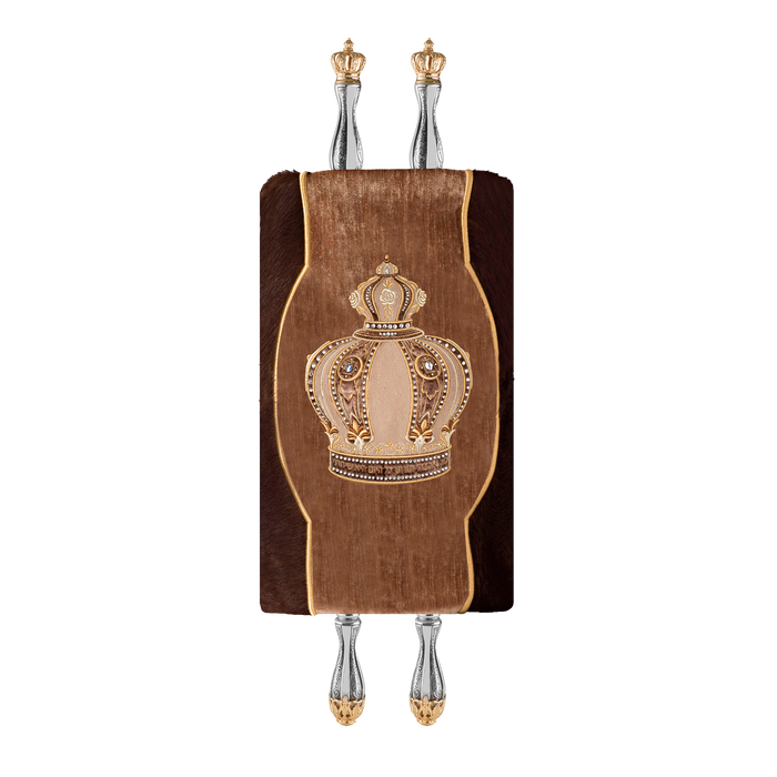 Fur and Velvet Torah Mantle, style 821, Brown — front view with Torah rollers