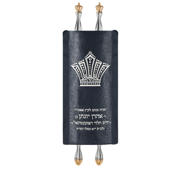 Fur Torah Mantle, style 442, Navy — front view with Torah rollers