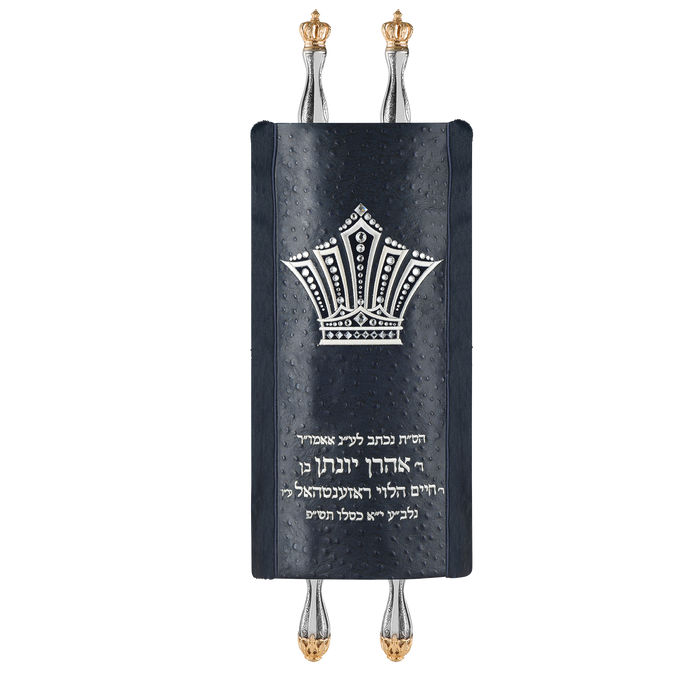 Fur Torah Mantle, style 442, Navy — front view with Torah rollers
