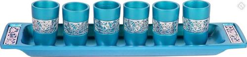 Set of 6 Cups + Plate Kiddush Set with Silver Lace- Turquoise
